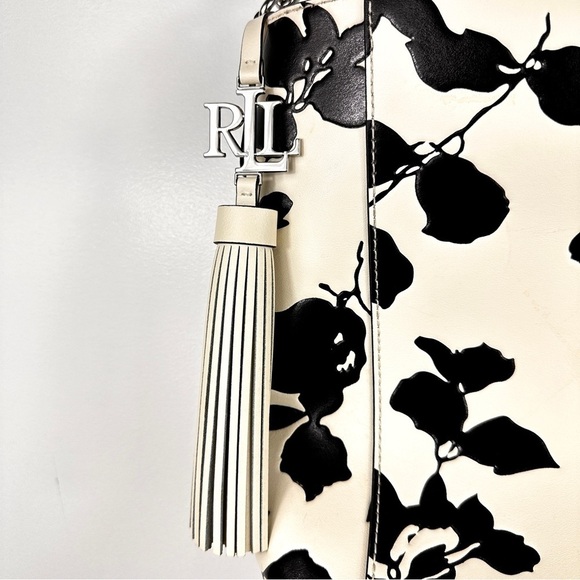 Lauren Ralph Lauren Adley Leather Shoulder Bag Floral White with Black Embossed - Picture 5 of 9